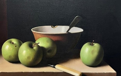 Fine British Modern Still Life Oil Painting Green Apples Chiaroscuro dark back