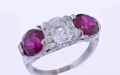 Art Deco Platinum Diamond and Synthetic Ruby Ring