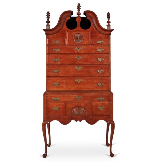 Fine and Rare Queen Anne Carved Cherrywood Bonnet-Top High Chest of Drawers, Wethersfield, Connecticut, Circa 1780