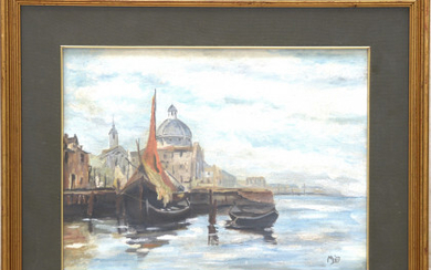 Firma indecifrata "Canale della Giudecca" olio su tela (cm 28x38) firmato in basso a destra, in cornice