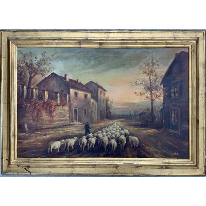 Firma indecifrata "Pastore con pecore" olio su tela (cm 66x100) Firmato in basso a destra (difetti)