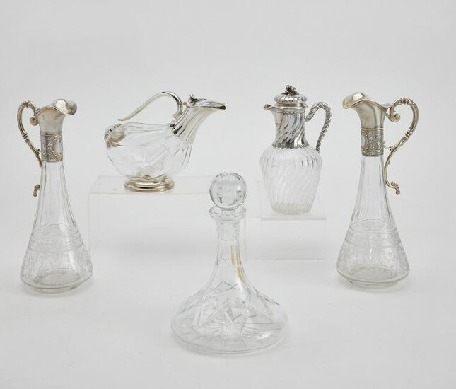 Five Continental glass claret jugs & decanter
