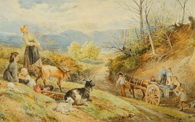 Follower of Myles Birket Foster RWS, British 1825-1899- Landscapes with families on a hillside with sheet, goats, and travellers; each pencil and watercolour heightened with white on paper, a pair, each bears monogram, each 29 x 50 cm (2)