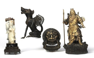 Four Asian metal and hardwood figures & articles