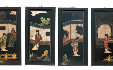 Four Chinese Carved & Painted Relief Panels