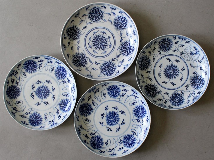 Four Chinese Qing Guangxu Mark Blue & White Porcelain Lotus Dishes A6WBC
