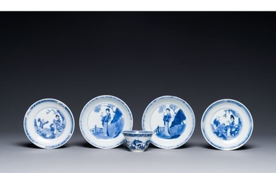 Four Chinese blue and white saucers and an 'erotic' cup, Kan...