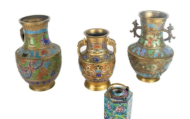 Four Etched Brass & Enamel Vessels