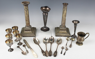 Four Victorian silver Fiddle pattern dessert spoons, London 1841 and 1845, a small group of other si