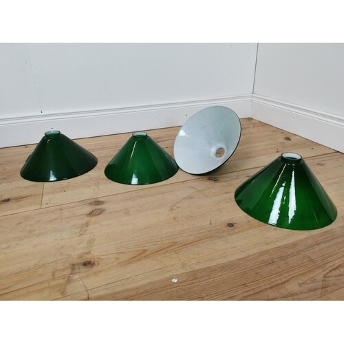 Four green and opaline glass shades {17 cm H x 30 cm Dia.}.