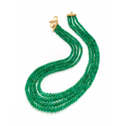 Four-strand necklace of graduated and faceted emerald beads, yellow gold hook clasp with diamonds, first inner strand of cm 44...