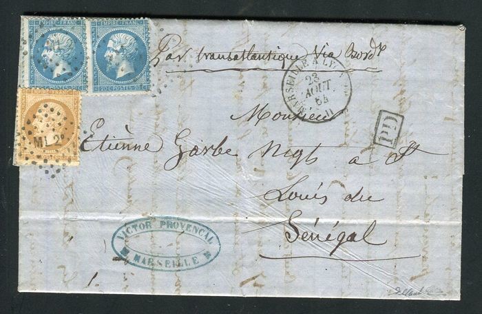 France 1864 - Rare letter from Marseille bound Saint Louis in Senegal, signed Calves