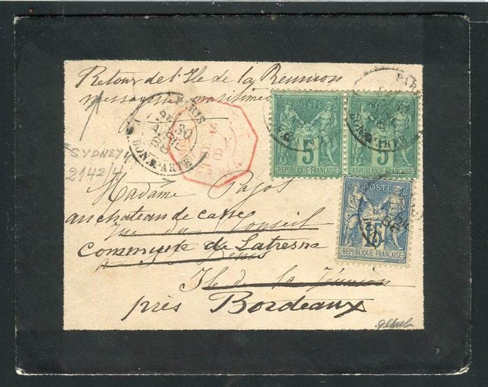 France 1888 - Rare letter from Paris bound for Reunion Island sent back to Bordeaux - Maritime Ligne T postmark