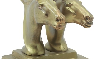 Frankart Art Deco Double Horse Head Statue in Cast Metal, Gold Finish