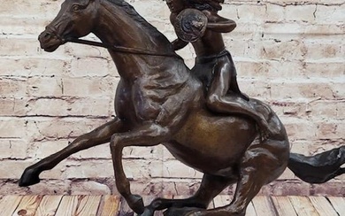 Frederic Remington Inspired WARRIOR Bronze Sculpture Statue Native American Headdress 20" x 25"