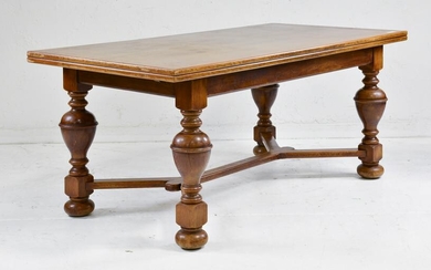 French Oak Dining Table With Stretcher Base & 2 Leaves