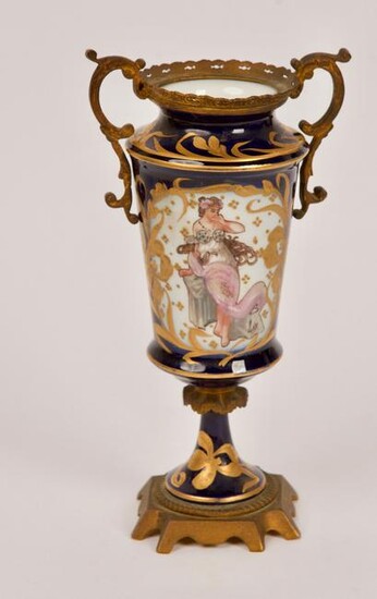French Porcelain & Guilt Metal Twin Handled Vase