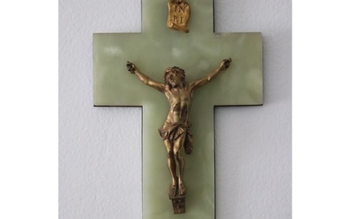 French crucifix on green onyx back, approx 30cm H x 17.5cm W