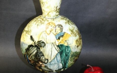 French figural painted Majolica moon flask vase