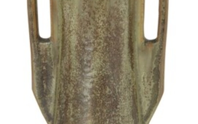 Fulper pottery, Art Nouveau green twin square handled vase, 1912-1915, Glazed earthenware, Underside stamped 'FULPER', 29cm high. Footnote: A very similar example is held at the MET Museum, New York.