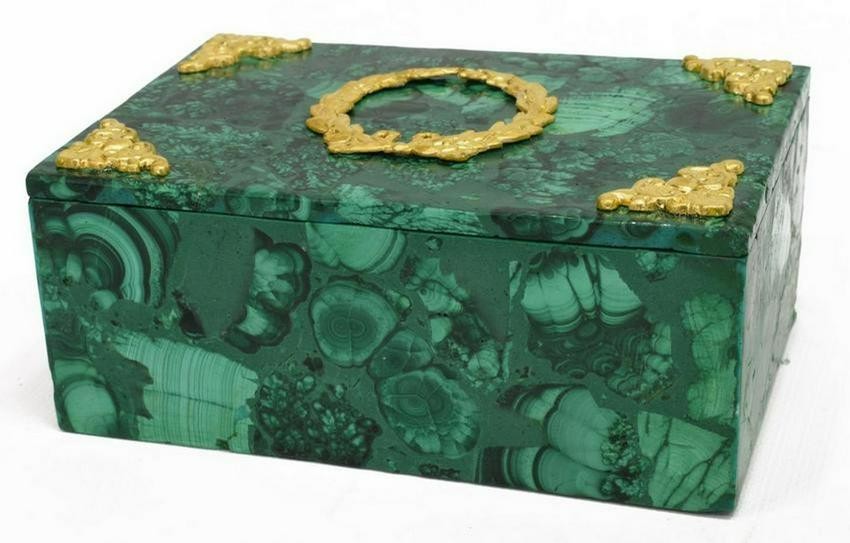 GILT METAL MOUNTED GREEN MALACHITE TABLE BOX