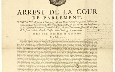 GIRONDE. 1725. TAKES OF SAINTE FOY. Parliament of BORDEAUX. "Order of the Court of Parliament forbidding all Judges within its jurisdiction to release any Prisoners sentenced to banishment for time or for life, &... to have them translated into the...