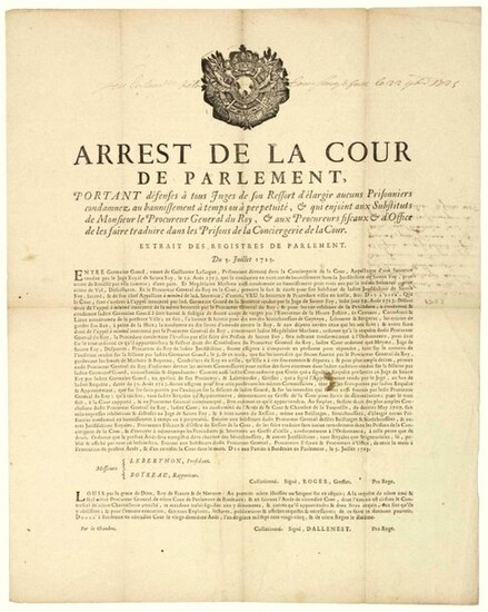 GIRONDE. 1725. TAKES OF SAINTE FOY. Parliament of BORDEAUX. "Order of the Court of Parliament forbidding all Judges within its jurisdiction to release any Prisoners sentenced to banishment for time or for life, &... to have them translated into the...