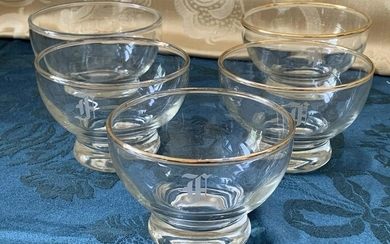 GOLD RIM ETCHED "F" ITALIAN CRYSTAL SNIFTERS X 5