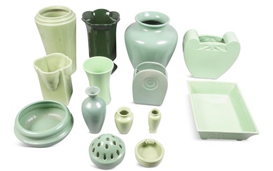 GROUP OF GREEN TRENTON (NEW JERSEY) POTTERIES PIECES Height of smallest: 1 1/2 in. (3.8 cm); Height of largest: 10 1/2 in. (26.6 cm)