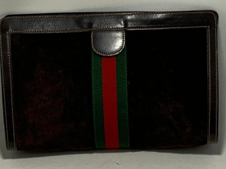 GUCCI BROWN SUEDE AND LEATHER CLUTCH BAG