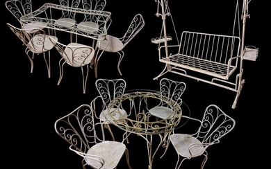 Garden set: Table and six chairs / Rocking armchair / Table with four wrought iron chairs