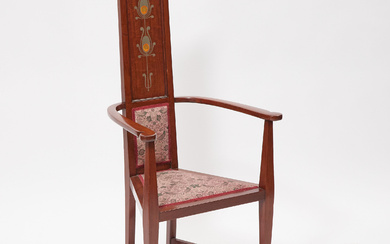 George Logan for Wylie and Lochhead Brass and Pewter Inlaid Mahogany Open Arm Chair, c.1906