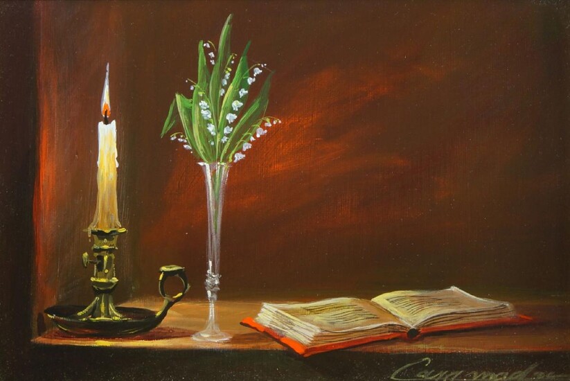 Georges Caramadre, French b.1937- Still life with a candle; oil on canvas, signed lower right, 16 x 22.3 cm (ARR)