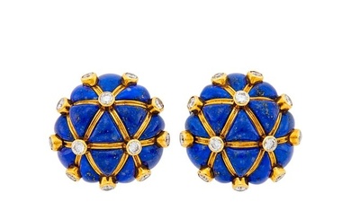 Georges L'Enfant for Tiffany & Co. Pair of Gold, Lapis and Diamond Earclips, France