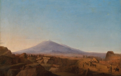 German School, 19th Century, Popocatépetl volcano, Mexico, with travellers on a rocky road in the foreground