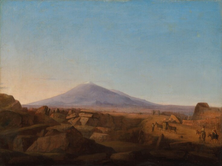 German School, 19th Century, Popocatépetl volcano, Mexico, with travellers on a rocky road in the foreground
