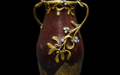 Glazed Ceramic Vase with Bronze Decoration with Opals By Emile Muller