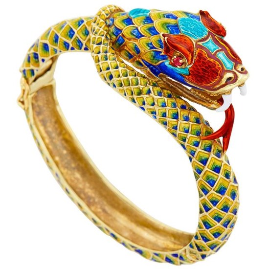 Gold, Enamel and Ruby Snake Bangle Bracelet