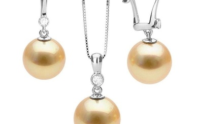 Golden South Sea Pearl and Diamond Bezel Pendant and Dangle Earring Set
