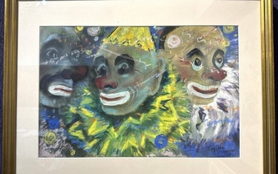 Gouache of clowns by Eugenie Schanlas