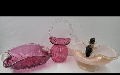 Grouping Of 2 Morano Glass Bowls And 1 Cranberry Basket