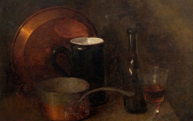 HENRI FANTIN-LATOUR(Grenoble 1836-1904 Buré)Nature morte de cuisine. Verre, bouteille, plat, casserole et pot. 1856.Huile sur...