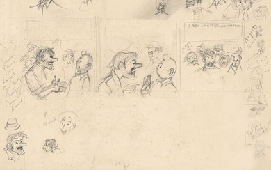 HERGÉ STUDIOS Tintin et les Picaros Ensemble de cases crayonnées et d’esquisses préparatoires, sur papier à dessin, pour la page...