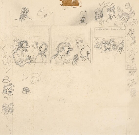 HERGÉ STUDIOS Tintin et les Picaros Ensemble de cases crayonnées et d’esquisses préparatoires, sur papier à dessin, pour la page...