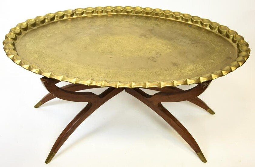 Hand Forged Brass Tray Table w Carved Folding Base