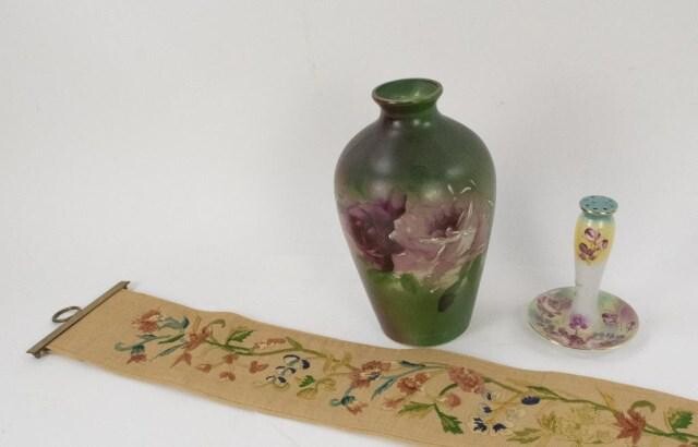 Hand Painted Hat Pin Holder & Vase, Bell Pull
