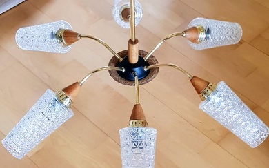 Hanging lamp - Sputnik Design - Brass, Glass, Wood (Teak)