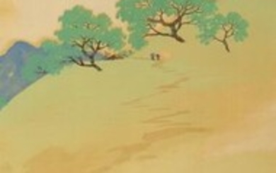Hanging scroll - Bone, Silk - Very fine tranquil landscape painting - Yamamoto Shunkyo (1872-1933) - 'Shunzan kitei zu' 春山旗亭図 (Mountain Inn in Spring) - including signed tomobako - Japan - 1918 (Taisho 7)