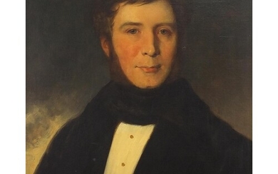 Head and shoulders portrait of a gentleman wearing a cravat,...