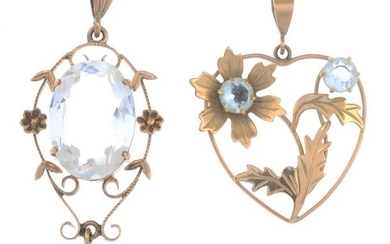 Heart-shape aquamarine floral pendant, stamped 9ct, length 3.1cms,...